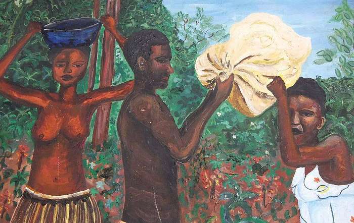 An original oil on board painting depicting people going about their chores signed Kirsty