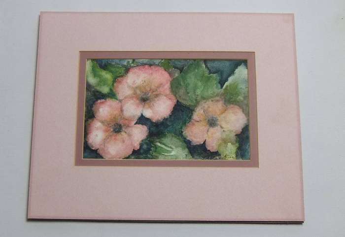 An original watercolour painting of pink flowers signed by Wina