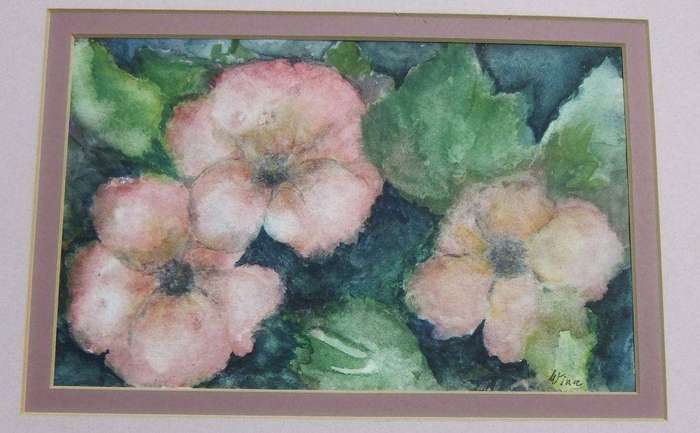 An original watercolour painting of pink flowers signed by Wina