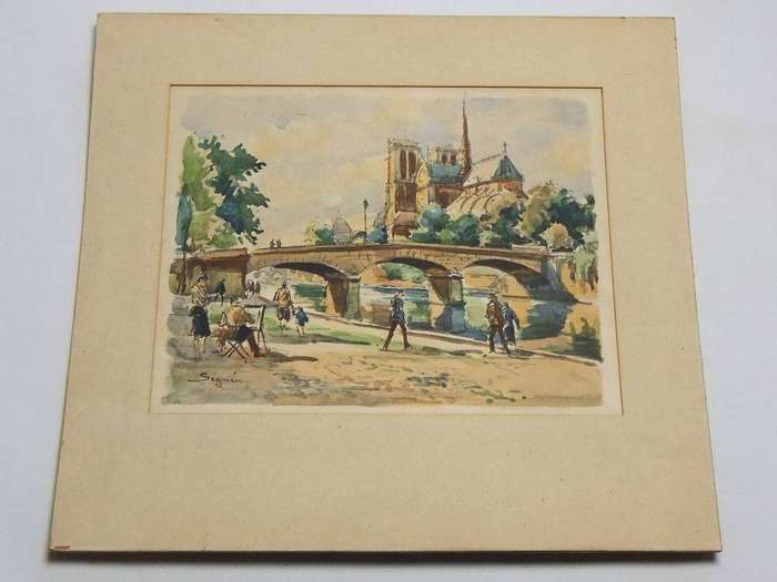 A vintage watercolour painting of a Parisian scene signed Seguie