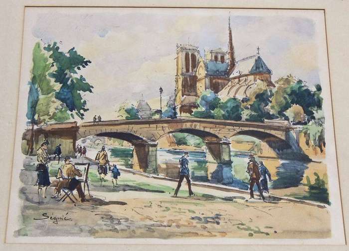 A vintage watercolour painting of a Parisian scene signed Seguie