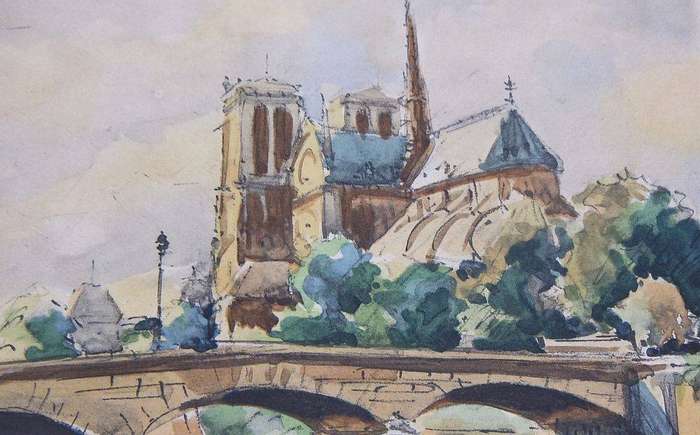 A vintage watercolour painting of a Parisian scene signed Seguie