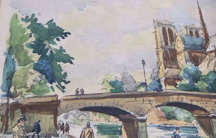 A vintage watercolour painting of a Parisian scene signed Seguie