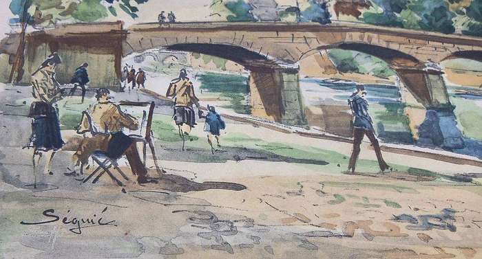 A vintage watercolour painting of a Parisian scene signed Seguie