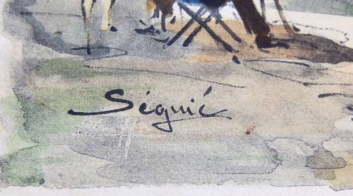 A vintage watercolour painting of a Parisian scene signed Seguie