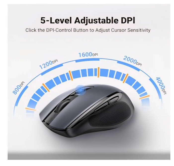 Ugreen 90545 Ergonomic 2.4Ghz Wireless Mouse with 5-Level Adjustable DPI, Black/Grey