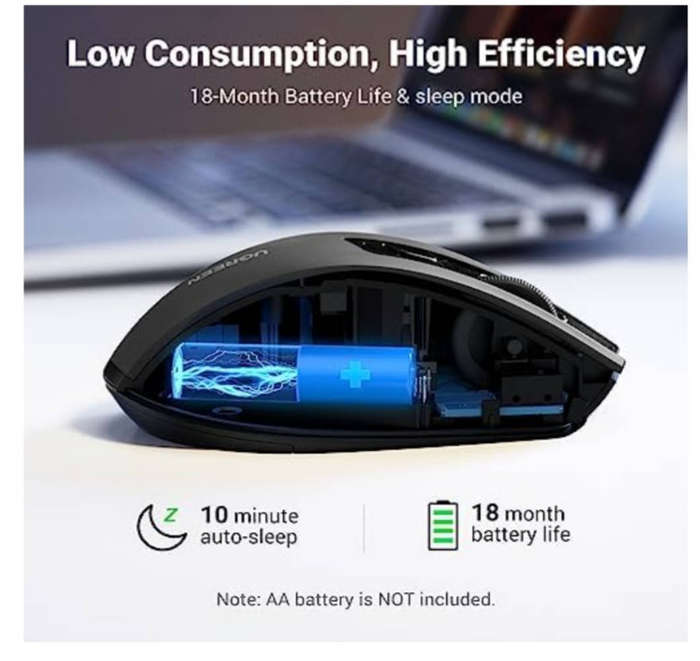 Ugreen 90545 Ergonomic 2.4Ghz Wireless Mouse with 5-Level Adjustable DPI, Black/Grey