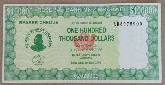 2006 ZIMBABWE $100 000 BEARERS CHEQUE