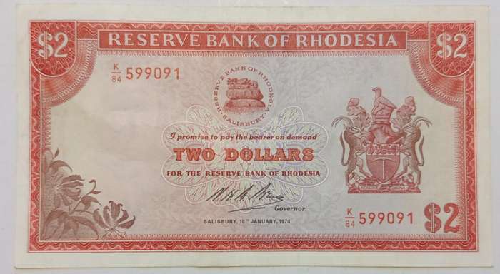 RHODESIA $2 BANKNOTE 10-01-1974