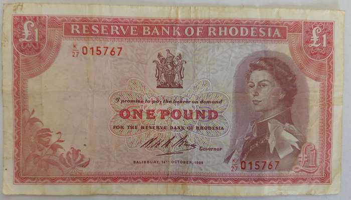 RHODESIA ONE POUND BANKNOTE 14-10-1968