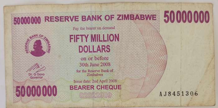 ZIMBABWE $50 MILLION BEARERS CHEQUE