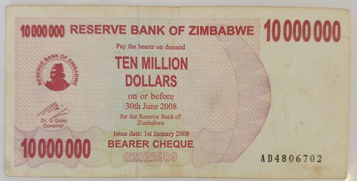 ZIMBABWE $10 MILLION BEARERS CHEQUE