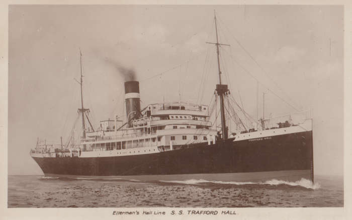 MINT REAL PHOTO POST CARD ELLERMANS HALL LINE SS TRAFFORD HALL