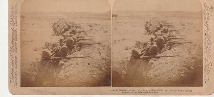 BOER WAR STEREOSCOPE BEHIND THE ORANGE RIVER INTRENCHMENTS HOLDING BACK THE BOERS