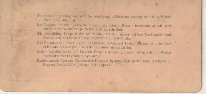 BOER WAR STEREOSCOPE THE INNISKILLING DRAGOONS GENERAL FRENCHS DIVISION PASSING ARUNDEL TO MODDER RI