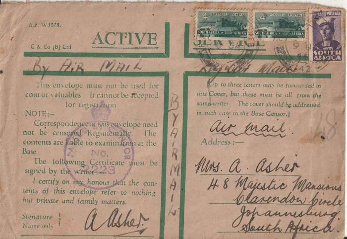 SOUTH AFRICA ON ACTIVE SERVICE COVER WW2 FIELD POT OFFICE