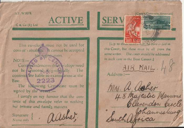 SOUTH AFRICA ON ACTIVE SERVICE COVER WW2 FIELD POT OFFICE