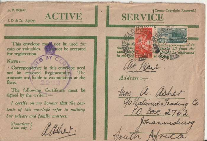 SOUTH AFRICA ON ACTIVE SERVICE COVER WW2 FIELD POT OFFICE