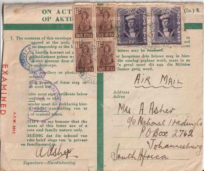 SOUTH AFRICA ON ACTIVE SERVICE COVER WW2 FIELD POST OFFICE