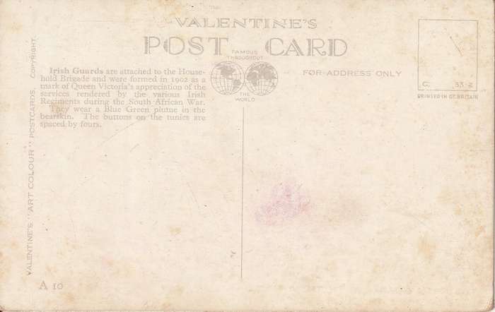 MINT POST CARD THE IRISH GUARD WITH MASCOT