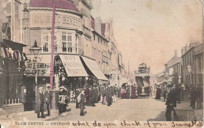 USED POST CARD TRAM CENTRE SWINDON POSTED 1905