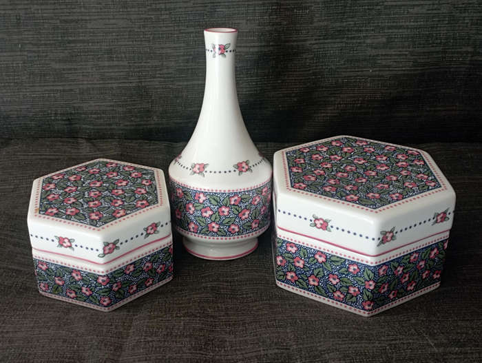 Royal Albert Charlotte..two Lidded Trinket boxes & a Posy vase in excellent condition as per scan