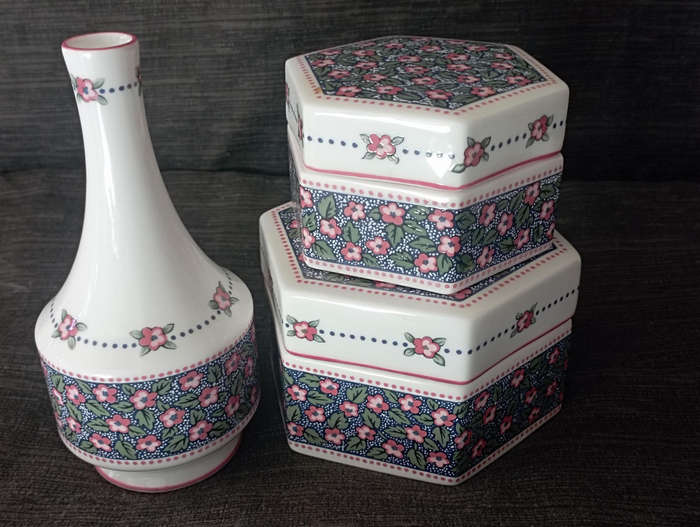 Royal Albert Charlotte..two Lidded Trinket boxes & a Posy vase in excellent condition as per scan