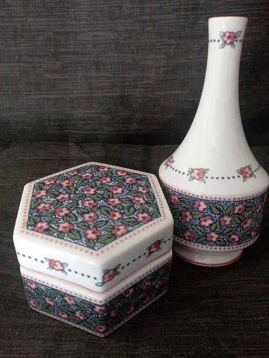 Royal Albert Charlotte..two Lidded Trinket boxes & a Posy vase in excellent condition as per scan
