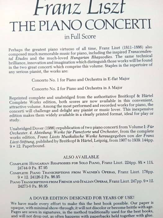 The Piano Concerti, in full score, Franz Liszt