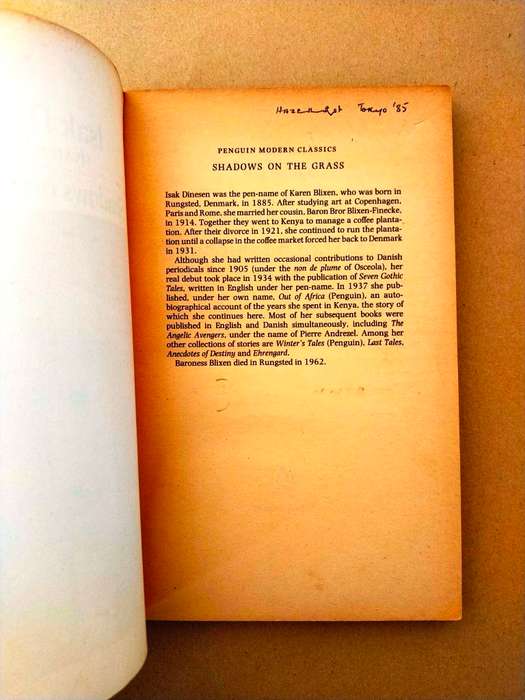 Shadows on the Grass, Isak Dinesen (Karen Blixen)