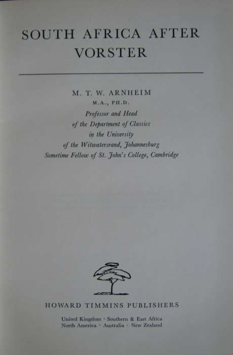 South Africa After Vorster Prof. M T W Arnheim