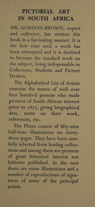 Pictorial Art In South Africa During Three Centuries to 1875 A Gordon-Brown