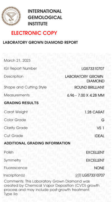 Lab Grown Diamond - 1.28 Carat G VS1 Round - Excellent Cut