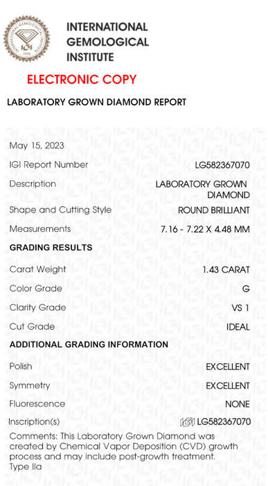 Lab Grown Diamond - 1.43 Carat G VS1 Round - Excellent Cut