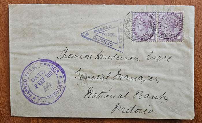 Boer war cover from Klerksdorp with censored markings to Pretoria dated 2 September 1901.