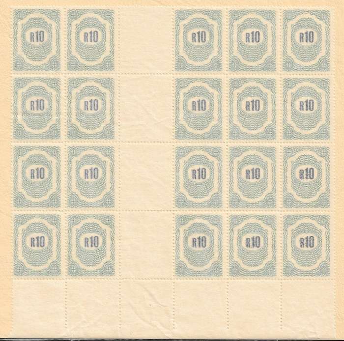 South Africa R10 revenue 1990 issue. Gutter block of x20 printed on reverse only.