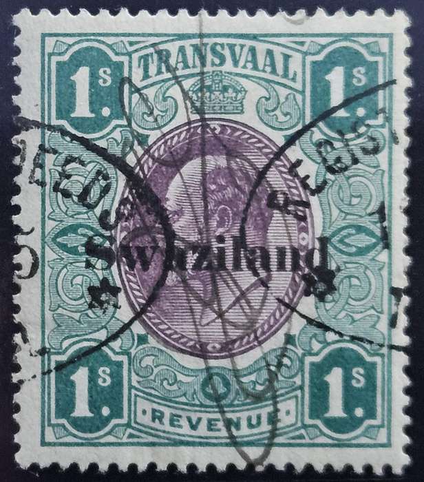 Transvaal Edward vii 1s revenue stamp overprinted Swaziland, fine used listed as Barefoot 29. (HA51)