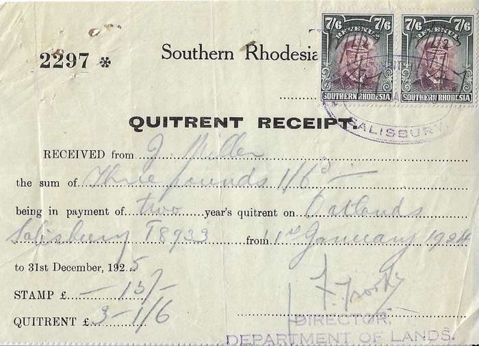 Southern Rhodesia 15s Quitrent receipt dated 1 January 1924.