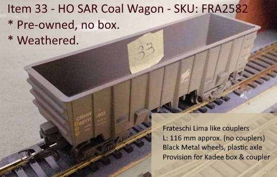 Model Trains HO 1 x Frateschi SAR Coal Wagon, with metal wheels & Lima couplers. Unboxed, Weathered.