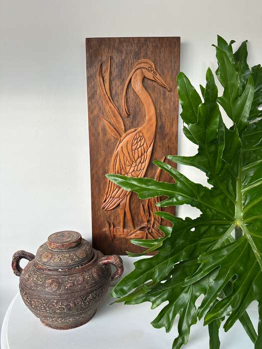 Carved Wooden Artwork, Blue Crane - Size 31cm x 76cm