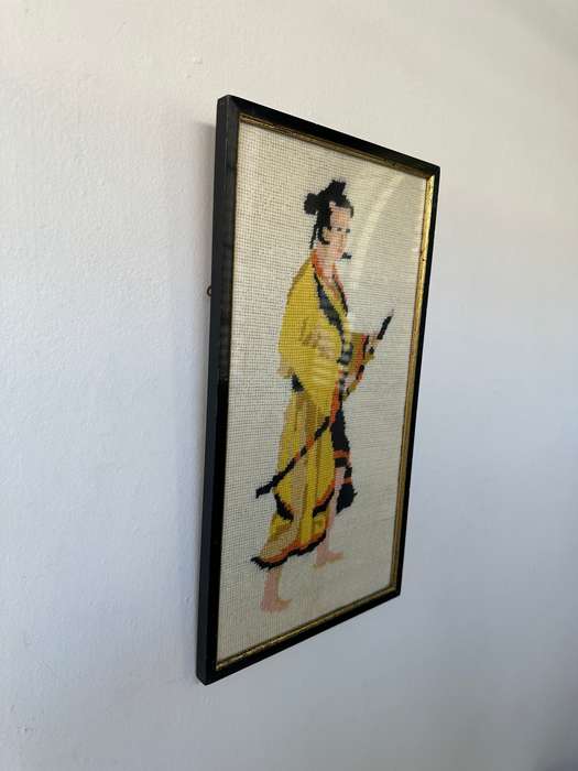 Framed Textile Art, Needlepoint Samurai - Finished Size 22.5cm x 40.5cm (Clear Glass)