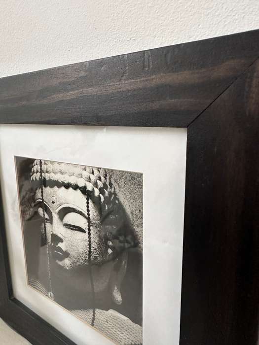 Framed Buddha Print - Black & White, Size 31cm x 31cm (slight dents in wooden frame, last picture)