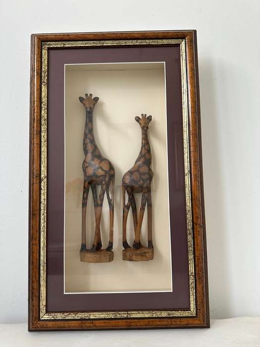 Framed Wooden Giraffe Figurines set in a Recessed Frame, Size 31cm x 52.5cm (Depth 8cm)