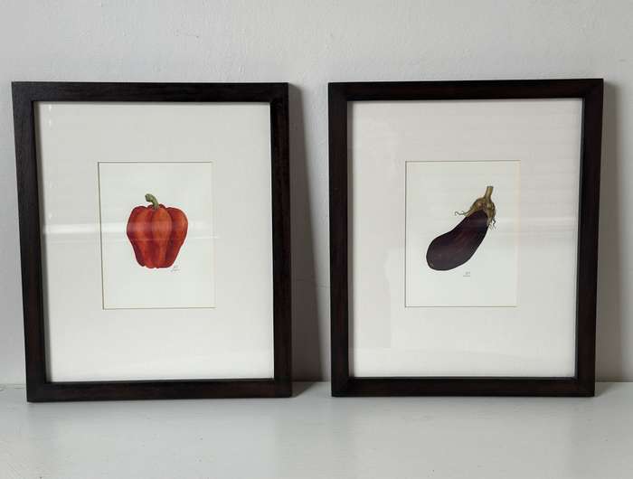 Set of 2 signed Drawings, Red Pepper & Eggplant, Wooden Frame, Finished Size - 31cm x 37cm art print