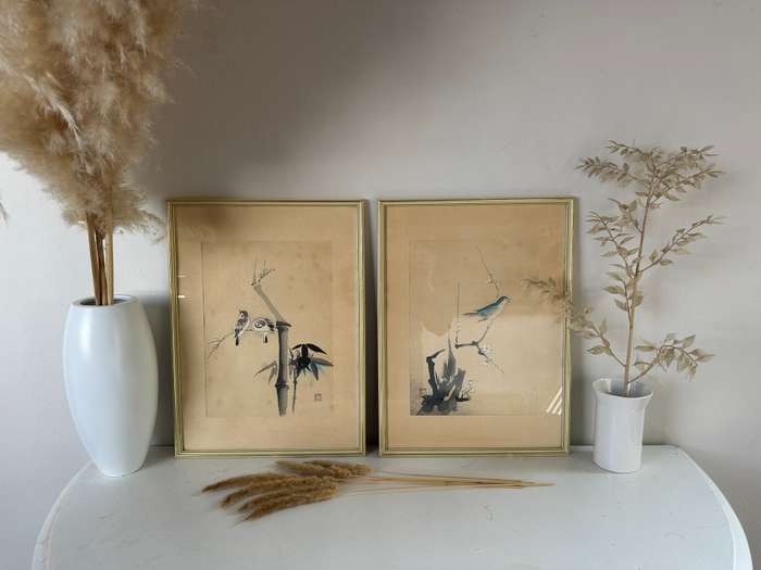 Framed Two Hand-Coloured Woodblock Prints, Sparrows and Bamboo - Finished Size 28.5cm x 38.5cm
