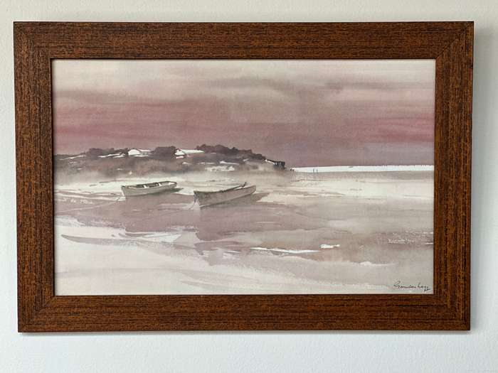 Framed Gordon Legg Print, Boat Scene - Finished Size 48.5cm x 33cm