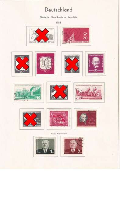 Used Germany DDR stamps on album page. 1 bid for all. Red cross stamp not available.