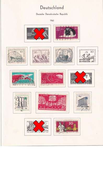 Used Germany DDR stamps on album page. 1 bid for all. Red cross stamps not available.