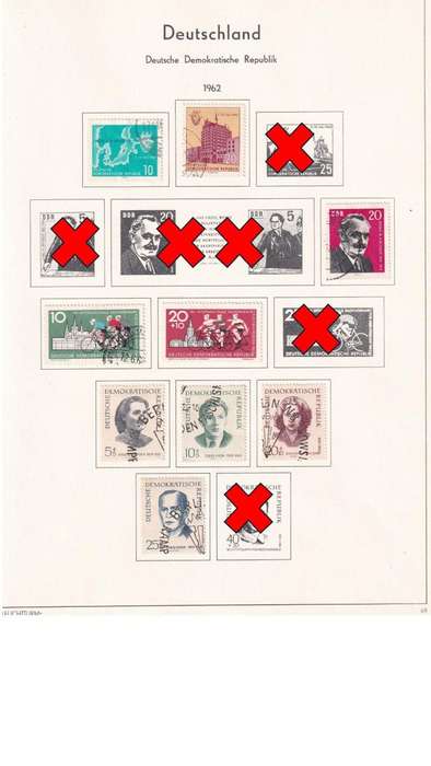 Used Germany DDR stamps on album page. 1 bid for all. Red cross stamps not available.