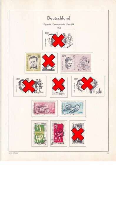 Used Germany DDR stamps on album page. 1 bid for all. Red cross stamps not available.